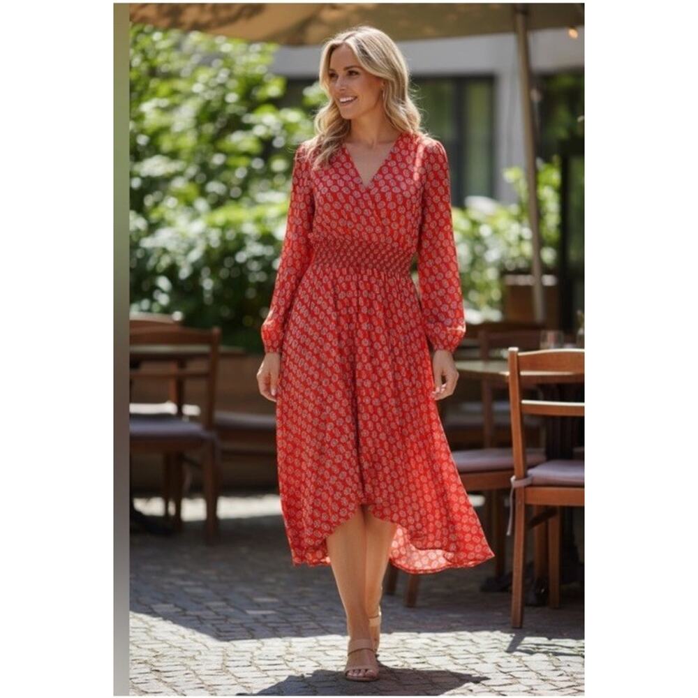 Maje Long Sleeve Monogram Print Crepe Midi Dress Red Size Medium Timeless Chic
